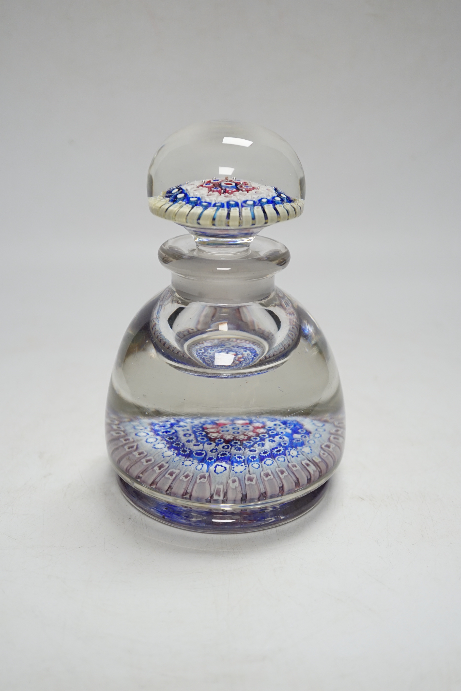 A large late 19th century Bohemian? millefiori glass inkwell, 15.5cm